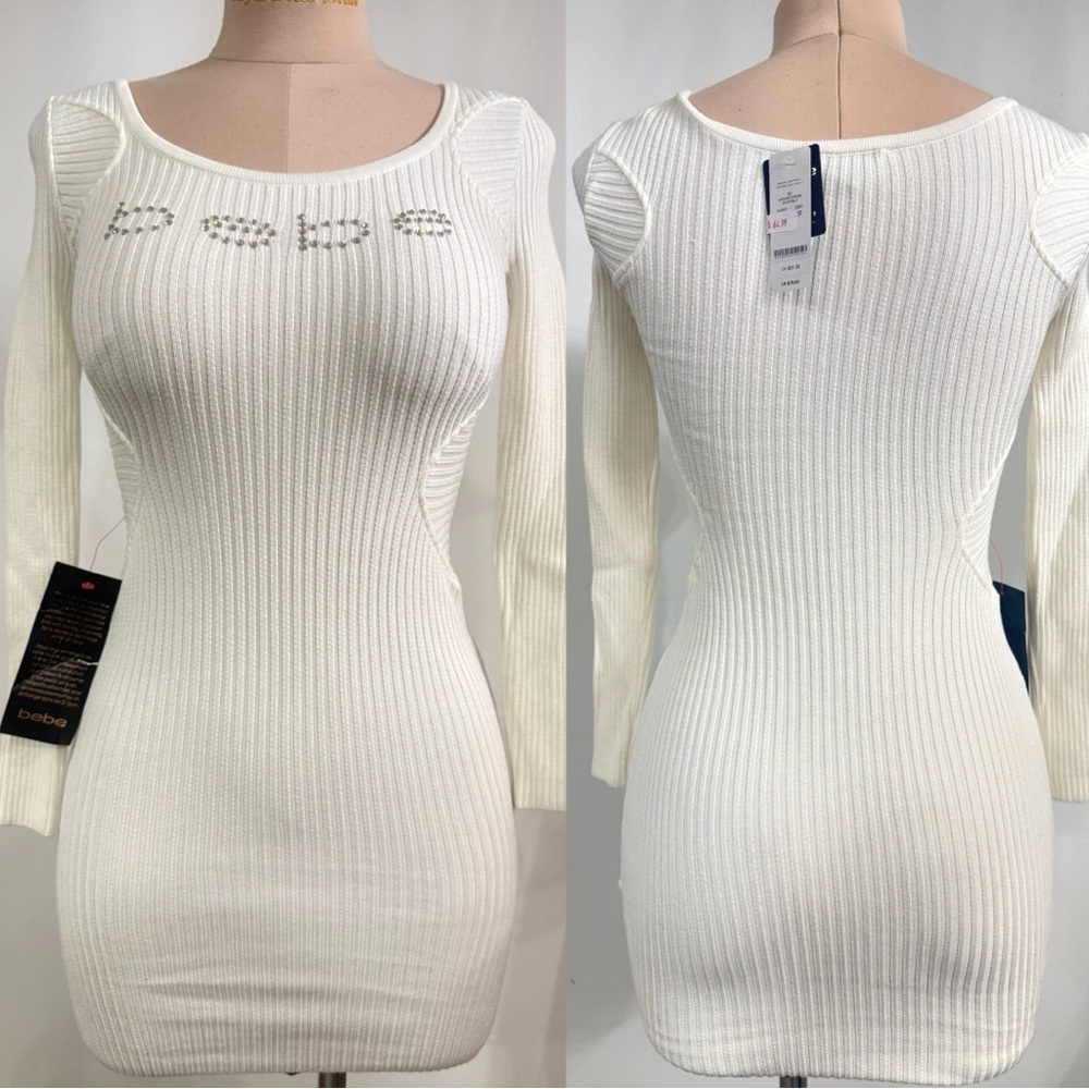 Bebe Ivory Long Sleeve Ribbed Dress Small NEW